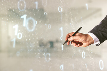 Aufkleber - Male hand with pen working with abstract virtual binary code sketch on blurred office background, hacking and matrix concept. Multiexposure