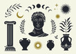 Mystical Greek set with sculpture, elements of greek culture and astronomical symbols. Ancient bust sculpture of a woman framed with olive branches. Flat hand-drawn isolated vector illustrations.