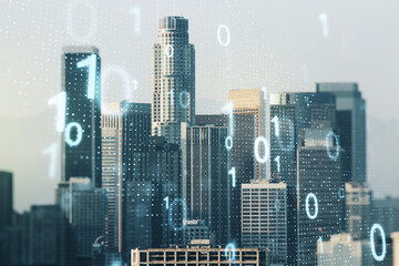 Leinwandbilder - Double exposure of abstract virtual binary code hologram on Los Angeles city skyscrapers background. Database and programming concept