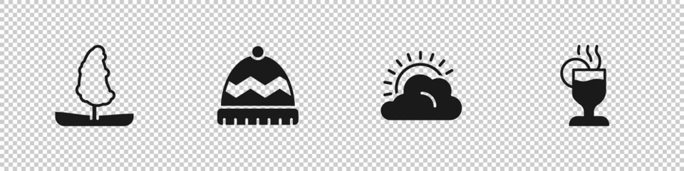 Sticker - Set Tree, Winter hat, Sun and cloud weather and Mulled wine icon. Vector