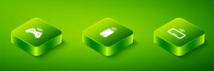 Poster - Set Isometric Mobile with wi-fi wireless, Computer keyboard and Wireless gamepad icon. Vector