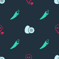 Sticker - Set Pear, Kiwi fruit and Hot chili pepper on seamless pattern. Vector