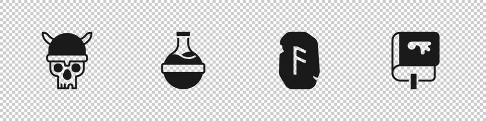 Sticker - Set Skull with viking helmet, Bottle potion, Magic rune and Viking book icon. Vector