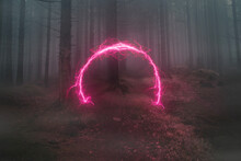 Neon Portal In The Foggy Forest, Magical Evening
