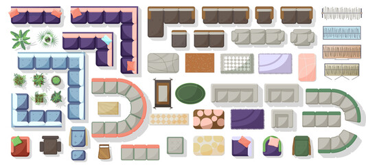 furniture elements top view for plan of house, living room, apartment, flat, office, project. interi