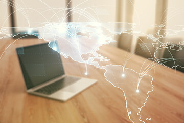 Aufkleber - Double exposure of abstract digital world map with connections on computer background, big data and blockchain concept
