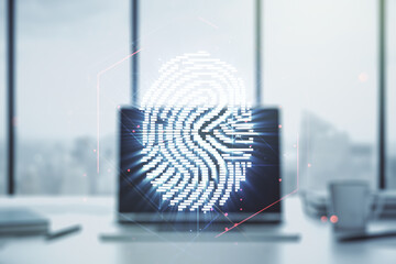 Poster - Double exposure of abstract creative fingerprint hologram on laptop background, research and development concept