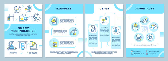 Smart technologies turquoise brochure template. Usage and advantages. Leaflet design with linear icons. 4 vector layouts for presentation, annual reports. Arial-Black, Myriad Pro-Regular fonts used