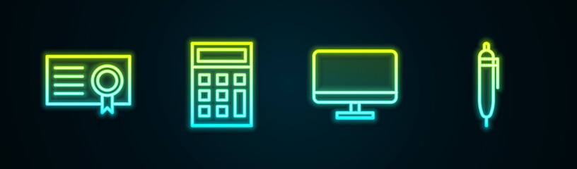 Set line Certificate template, Calculator, Computer monitor screen and Pen. Glowing neon icon. Vector