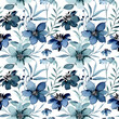 Beautiful blue floral watercolor seamless pattern