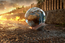 Snail With Earth On Back Flees From Fire (3D Rendering)