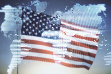 Abstract Creative World Map Interface On USA Flag And Sunset Sky Background, International Trading Concept. Multiexposure