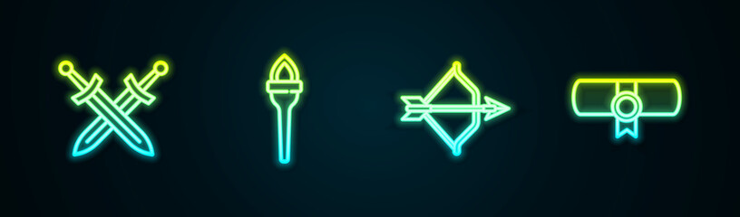 Sticker - Set line Crossed medieval sword, Torch flame, Medieval bow and arrow and Decree, parchment, scroll. Glowing neon icon. Vector