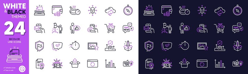 Distribution, Travel compass and Startup line icons for website, printing. Collection of Face biometrics, Approved, Bitcoin project icons. Share call, Frying pan, Messenger mail web elements. Vector