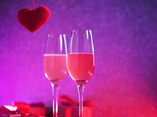 Canvas Print - Romantic Valentine's day card. Two glasses of wine or cider, a red knitted heart and gift boxes. Neon backlight