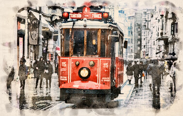 Vintage tram in Istanbul, Turkey watercolor sketch. Taksim-Tunel Nostalgia Tramway line operates on Istiklal Street between Taksim Square and underground railway line