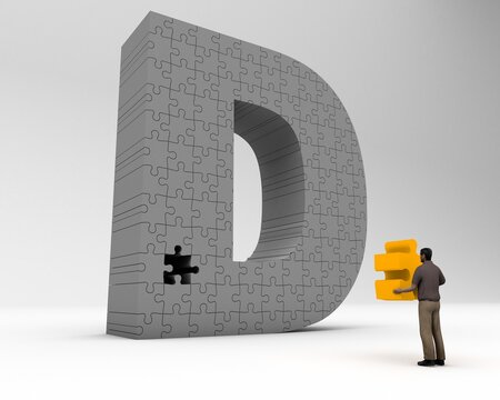 3D illustration of the letter D jigsaw with a man holding the missing piece