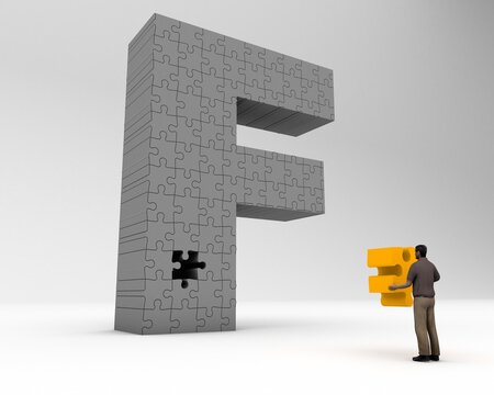 3D illustration of the letter F jigsaw with a man holding the missing piece