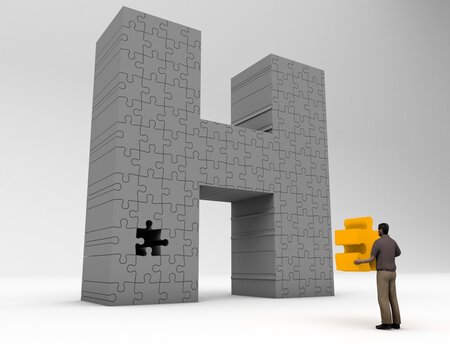 3D illustration of the letter H jigsaw with a man holding the missing piece
