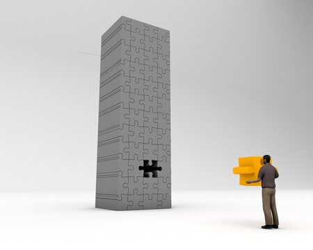 3D illustration of the letter I jigsaw with a man holding the missing piece