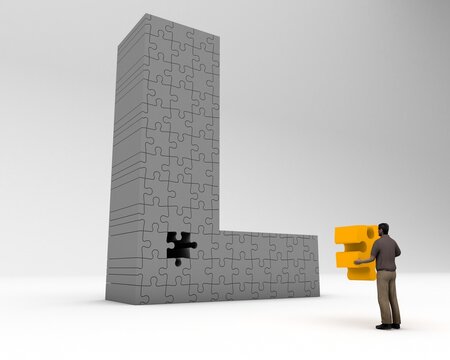 3D illustration of the letter L jigsaw with a man holding the missing piece