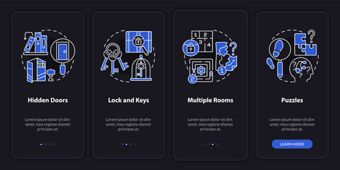 Escape room attributes night mode onboarding mobile app screen. Walkthrough 4 steps graphic instructions pages with linear concepts. UI, UX, GUI template. Myriad Pro-Bold, Regular fonts used