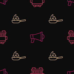 Poster - Set line Fire truck, Pan with fire and Megaphone on seamless pattern. Vector