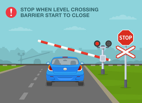 safety driving rules and tips. stop when level crossing barrier start to close. back view of sedan c