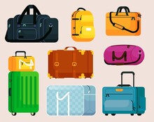 Different Travel Luggage Bag And Suitcase Set. Journey Trip Belongings Transportation Package