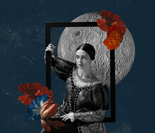 Contemporary Art Collage. Idea, Inspiration, Aspiration And Creativity. Model Like Medieval Royalty Person In Vintage Clothing. Concept Of Comparison Of Eras, Artwork.
