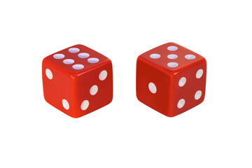 Wall Mural - Two red dice, isolated on white. Two, three, six and one, four, five. Full clipping without shadow. Blank for the designer.