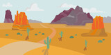 Fototapeta Pokój dzieciecy - Vector western landscape with Monument valley and cactuses.Wild west background for prints,decor and cowboy styled events