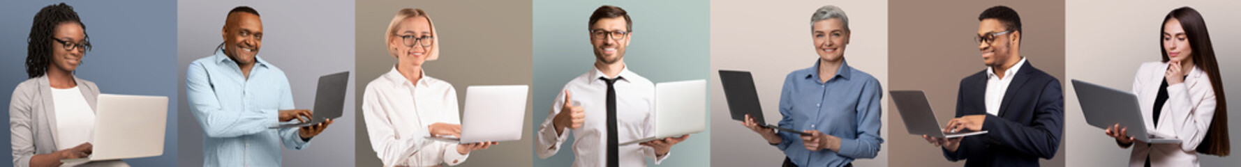 Poster - Online business. Diverse businesspeople with laptops posing over pastel studio backgrounds, collage, panorama