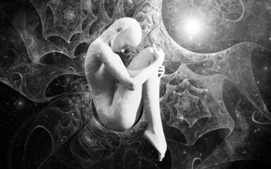 Wall Mural - A woman in the fetal position against the background of the universe. 3D illustration. A mystical journey through the vast universe.