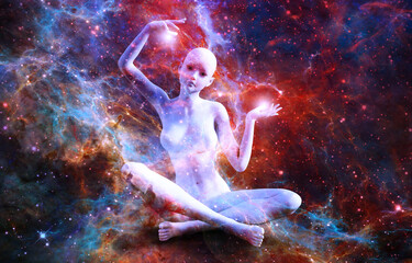 Wall Mural - Silhouette of a girl in Lotus position on the background of the fractal universe. A state of trance and deep meditation. A spiritual journey in the universe. 3D illustrations.