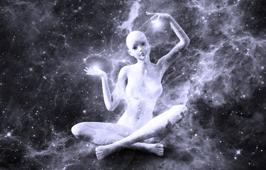 Wall Mural - Silhouette of a girl in Lotus position on the background of the fractal universe. A state of trance and deep meditation. A spiritual journey in the universe. 3D illustrations.