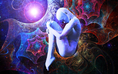 Wall Mural - A woman in the fetal position against the background of the universe. 3D illustration. A mystical journey through the vast universe.