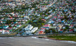 Bird's-eye view of the city of Georgetown from the river embankment, taken from an airplane, Guyana, South America. Subtropical nature, world tourism.