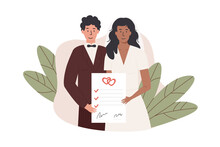 A Groom And Bride Holding Signed Marriage Contract. Interracial Married Couple With Prenup Document. Newlywed With Prenuptial Agreement Marriage Certificate On Tropical Background. Vector Illustration