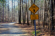 Trail crossing X-ing sign on woodland path