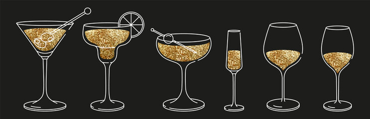 Big set of glassware alcoholic drinks. Golden glitter illustration isolated. Flat design style with color fill. Champagne, wine, martini, cocktails