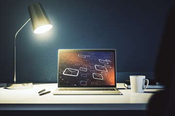 Poster - Creative abstract postal envelopes hologram on modern computer monitor, email and notification concept. 3D Rendering