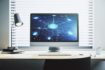 Poster - Computer monitor with creative light lock illustration and microcircuit, cyber security concept. 3D Rendering