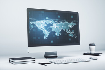 Aufkleber - Computer monitor with abstract graphic digital world map with connections, globalization concept. 3D Rendering
