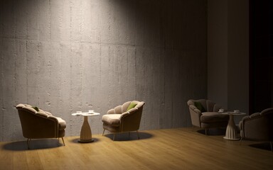 Wall Mural - Empty wall in Scandinavian style interior with armchair. 3D illustration, cg render