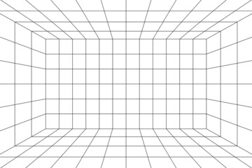 Wall Mural - 3d room grid with one point perspective. white empty geometric cyberspace studio background. virtual