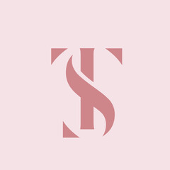 TS monogram logo.Typographic signature icon.Letter t and letter s.Lettering sign isolated on light fund.Wedding, fashion, beauty serif alphabet initials.Elegant, luxury style.Pink color.	