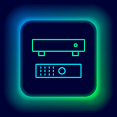 Poster - Glowing neon line Multimedia and TV box receiver and player with remote controller icon isolated on black background. Colorful outline concept. Vector