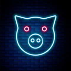 Wall Mural - Glowing neon line Pig icon isolated on brick wall background. Animal symbol. Colorful outline concept. Vector