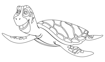 Wall Mural - Cheerful cartoon sea turtle in a linear style for printable children coloring.Vector illustration.